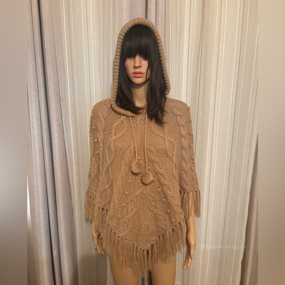 H&M | Cozy Tan Cable Knit Hooded Poncho